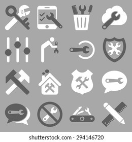 Options and service tools icon set. Vector style: flat bicolor symbols, dark gray and white colors, rounded angles, silver background.