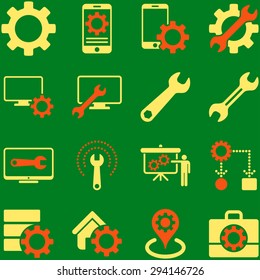 Options and service tools icon set. Vector style: flat bicolor symbols, orange and yellow colors, rounded angles, green background.