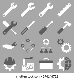 Options and service tools icon set. Vector style: flat bicolor symbols, dark gray and white colors, rounded angles, silver background.