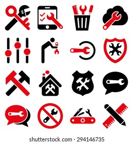 Options and service tools icon set. Vector style: flat bicolor symbols, intensive red and black colors, rounded angles, white background.