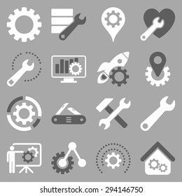 Options and service tools icon set. Vector style: flat bicolor symbols, dark gray and white colors, rounded angles, silver background.