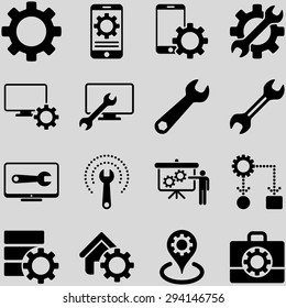 Options and service tools icon set. Vector style: flat symbols, black color, rounded angles, light gray background.