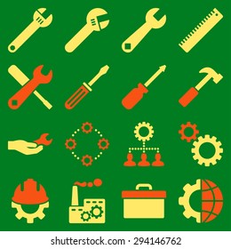 Options and service tools icon set. Vector style: flat bicolor symbols, orange and yellow colors, rounded angles, green background.