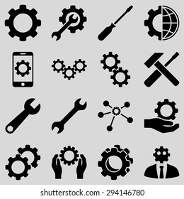 Options and service tools icon set. Vector style: flat symbols, black color, rounded angles, light gray background.