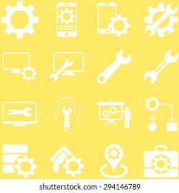 Options and service tools icon set. Vector style: flat symbols, white color, rounded angles, yellow background.
