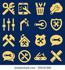 Options and service tools icon set. Vector style: flat symbols, yellow color, rounded angles, blue background.