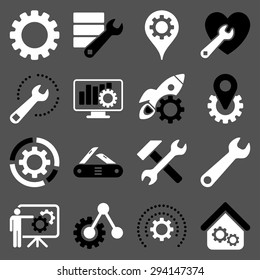 Options and service tools icon set. Vector style: flat bicolor symbols, black and white colors, rounded angles, gray background.
