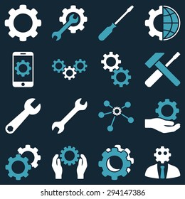 Options and service tools icon set. Vector style: flat bicolor symbols, blue and white colors, rounded angles, dark blue background.