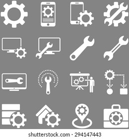 Options and service tools icon set. Vector style: flat symbols, white color, rounded angles, gray background.