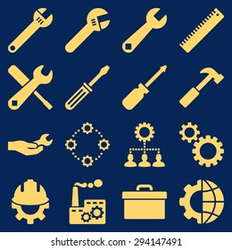 Options and service tools icon set. Vector style: flat symbols, yellow color, rounded angles, blue background.