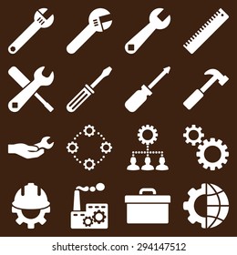 Options and service tools icon set. Vector style: flat symbols, white color, rounded angles, brown background.