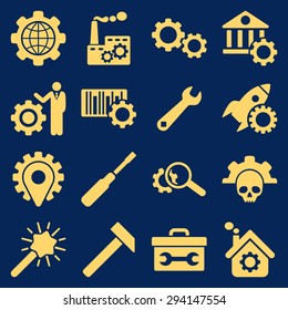 Options and service tools icon set. Vector style: flat symbols, yellow color, rounded angles, blue background.