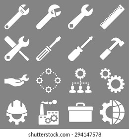Options and service tools icon set. Vector style: flat symbols, white color, rounded angles, gray background.