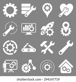 Options and service tools icon set. Vector style: flat symbols, white color, rounded angles, gray background.