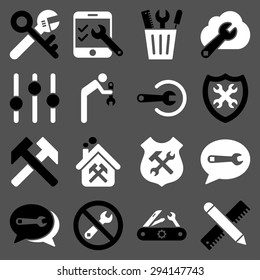 Options and service tools icon set. Vector style: flat bicolor symbols, black and white colors, rounded angles, gray background.
