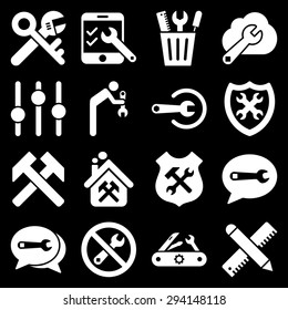 Options and service tools icon set. Vector style: flat symbols, white color, rounded angles, black background.