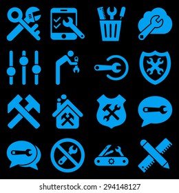 Options and service tools icon set. Vector style: flat symbols, blue color, rounded angles, black background.