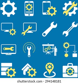 Options and service tools icon set. Vector style: flat bicolor symbols, yellow and white colors, rounded angles, blue background.