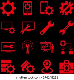 Options and service tools icon set. Vector style: flat symbols, red color, rounded angles, black background.