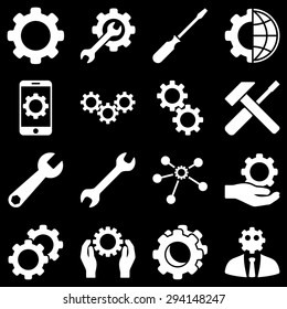 Options and service tools icon set. Vector style: flat symbols, white color, rounded angles, black background.