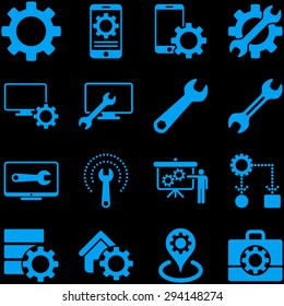 Options and service tools icon set. Vector style: flat symbols, blue color, rounded angles, black background.