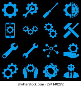 Options and service tools icon set. Vector style: flat symbols, blue color, rounded angles, black background.
