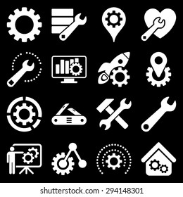 Options and service tools icon set. Vector style: flat symbols, white color, rounded angles, black background.