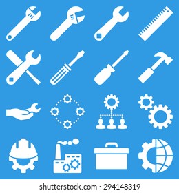 Options and service tools icon set. Vector style: flat symbols, white color, rounded angles, blue background.