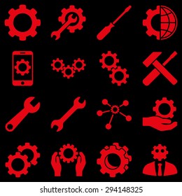 Options and service tools icon set. Vector style: flat symbols, red color, rounded angles, black background.
