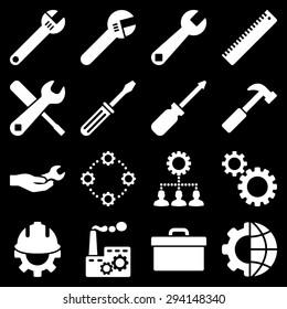 Options and service tools icon set. Vector style: flat symbols, white color, rounded angles, black background.