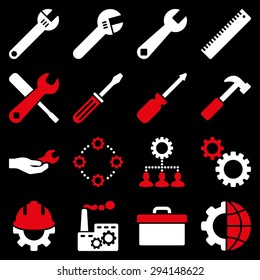 Options and service tools icon set. Vector style: flat bicolor symbols, red and white colors, rounded angles, black background.