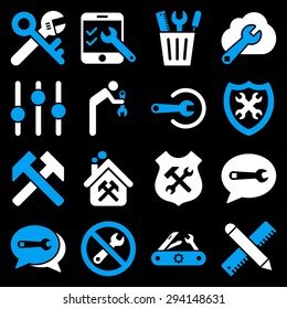 Options and service tools icon set. Vector style: flat bicolor symbols, blue and white colors, rounded angles, black background.