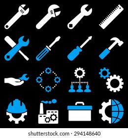 Options and service tools icon set. Vector style: flat bicolor symbols, blue and white colors, rounded angles, black background.
