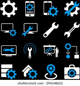 Options and service tools icon set. Vector style: flat bicolor symbols, blue and white colors, rounded angles, black background.