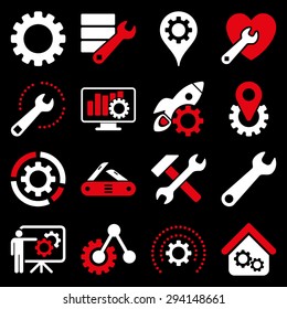 Options and service tools icon set. Vector style: flat bicolor symbols, red and white colors, rounded angles, black background.