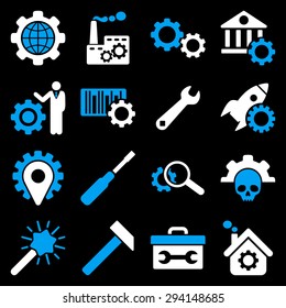 Options and service tools icon set. Vector style: flat bicolor symbols, blue and white colors, rounded angles, black background.