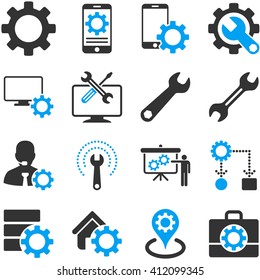 Options and service tools icon set. Vector style is flat bicolor symbols, blue and gray colors, rounded angles, white background.
