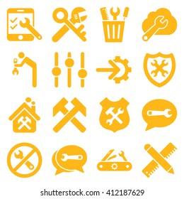 Options and service tools icon set. Vector style is flat symbols, yellow color, rounded angles, white background.