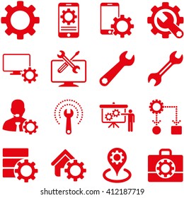 Options and service tools icon set. Vector style is flat symbols, red color, rounded angles, white background.