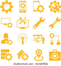 Options and service tools icon set. Vector style is flat symbols, yellow color, rounded angles, white background.