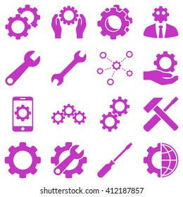Options and service tools icon set. Vector style is flat symbols, violet color, rounded angles, white background.