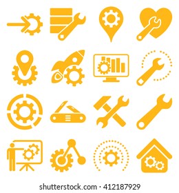 Options and service tools icon set. Vector style is flat symbols, yellow color, rounded angles, white background.