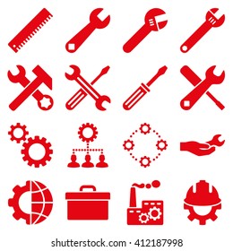 Options and service tools icon set. Vector style is flat symbols, red color, rounded angles, white background.