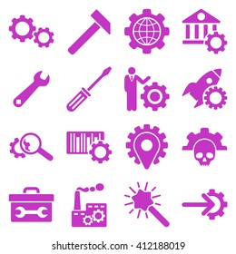 Options and service tools icon set. Vector style is flat symbols, violet color, rounded angles, white background.