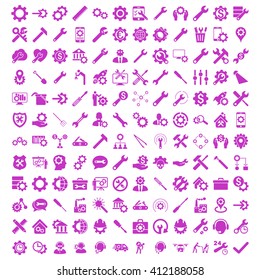 Options and service tools icon set with 144 icons. Vector style is flat symbols, violet color, rounded angles, white background.
