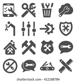Options and service tools icon set. Vector style is flat symbols, gray color, rounded angles, white background.