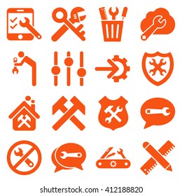 Options and service tools icon set. Vector style is flat symbols, orange color, rounded angles, white background.