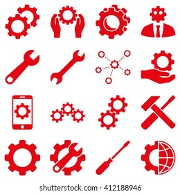 Options and service tools icon set. Vector style is flat symbols, red color, rounded angles, white background.