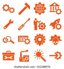 Options and service tools icon set. Vector style is flat symbols, orange color, rounded angles, white background.