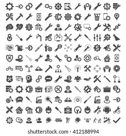 Options and service tools icon set with 144 icons. Vector style is flat symbols, gray color, rounded angles, white background.